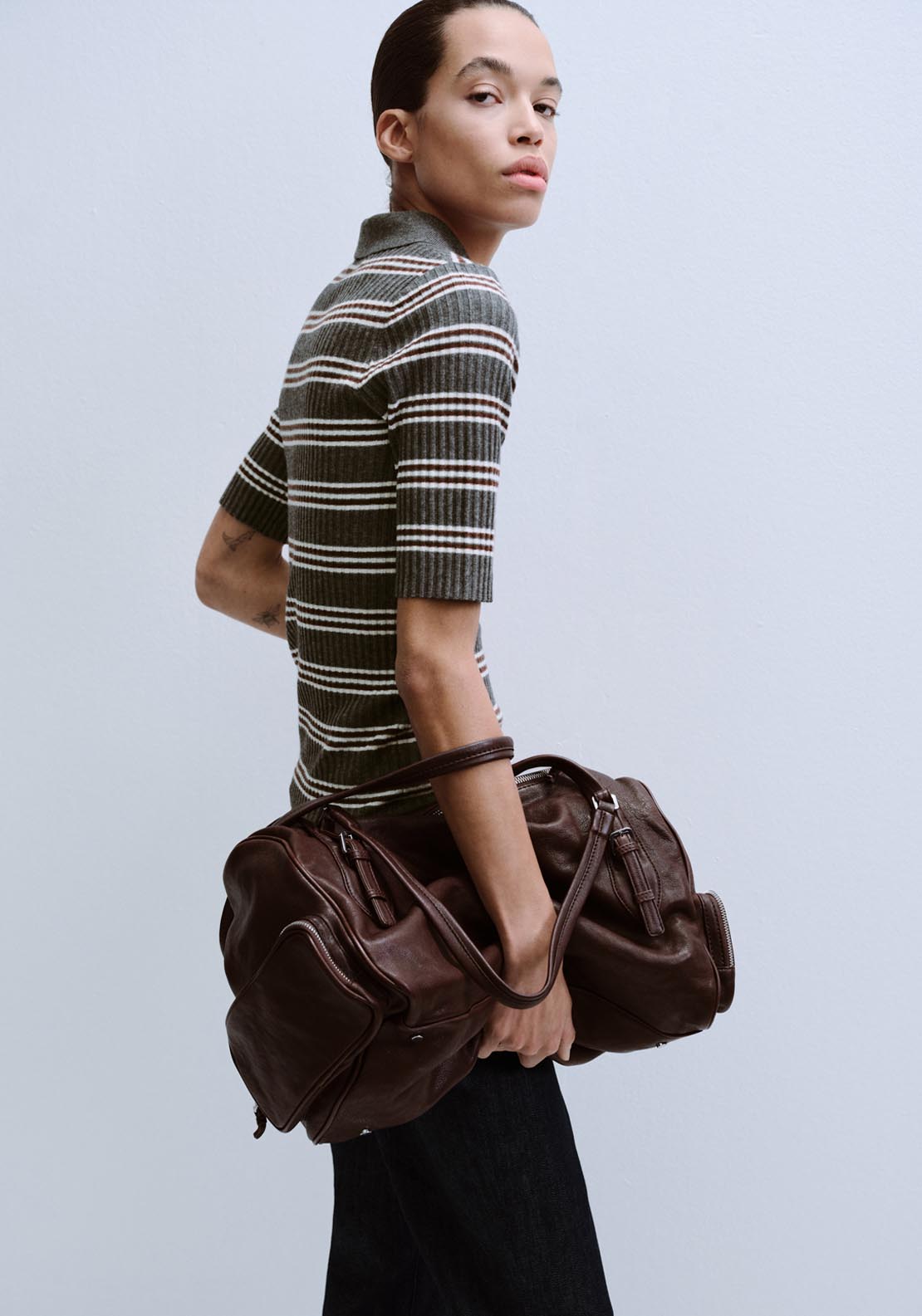 Striped Ribbed Knit Sweater - Grey