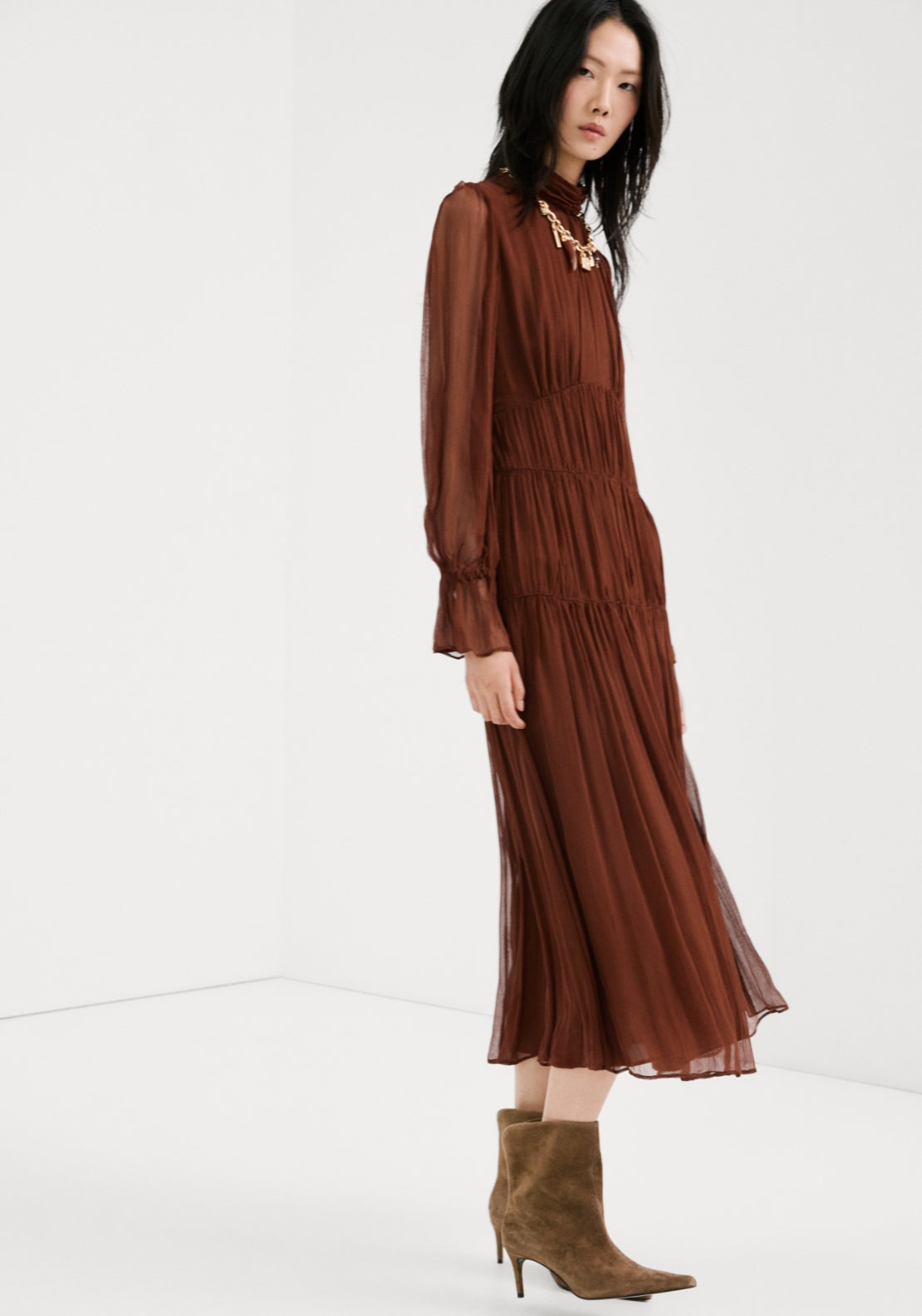 Pleated Chiffon Dress - Brown