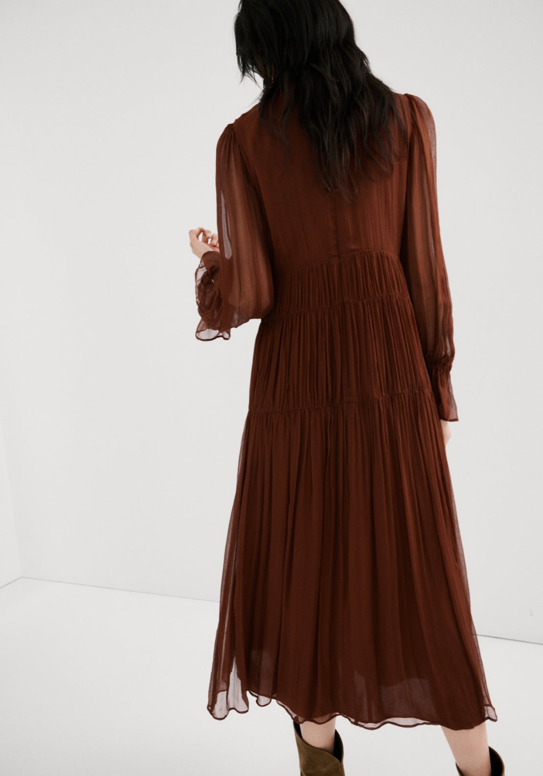 Pleated Chiffon Dress - Brown