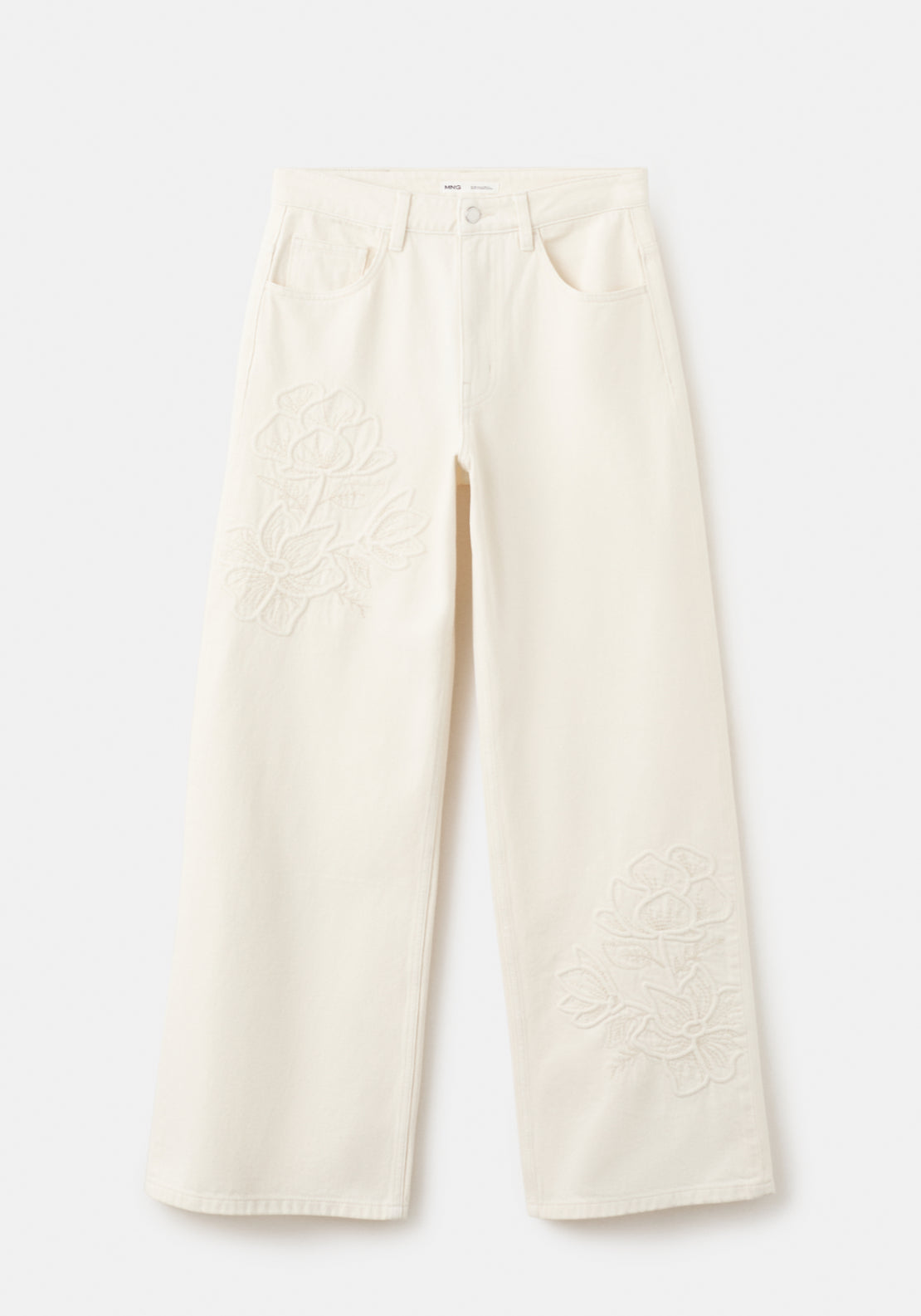 Flower Embroidered Straight Fit Jeans - Cream