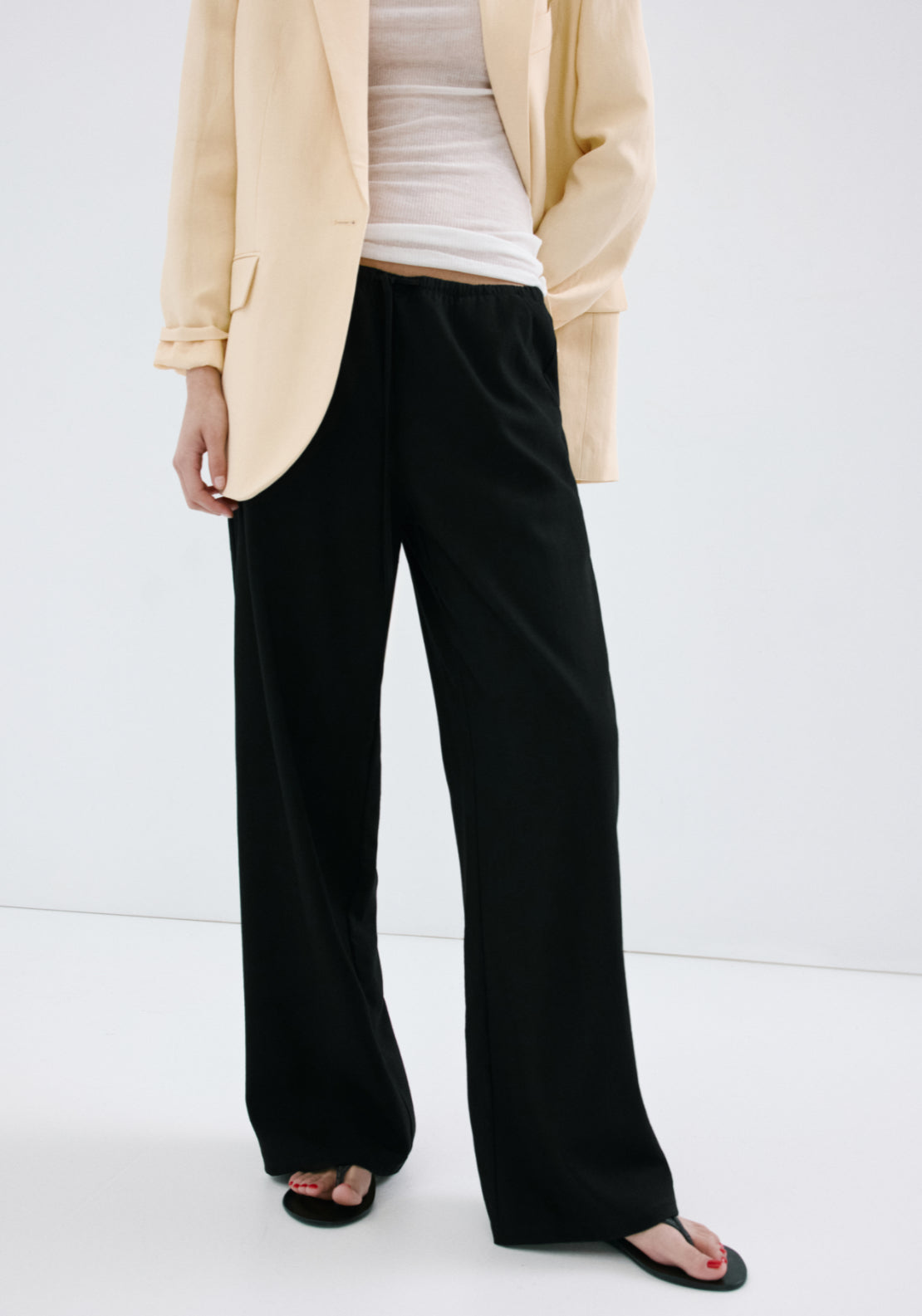 Tie Waist Straight Trousers - Black
