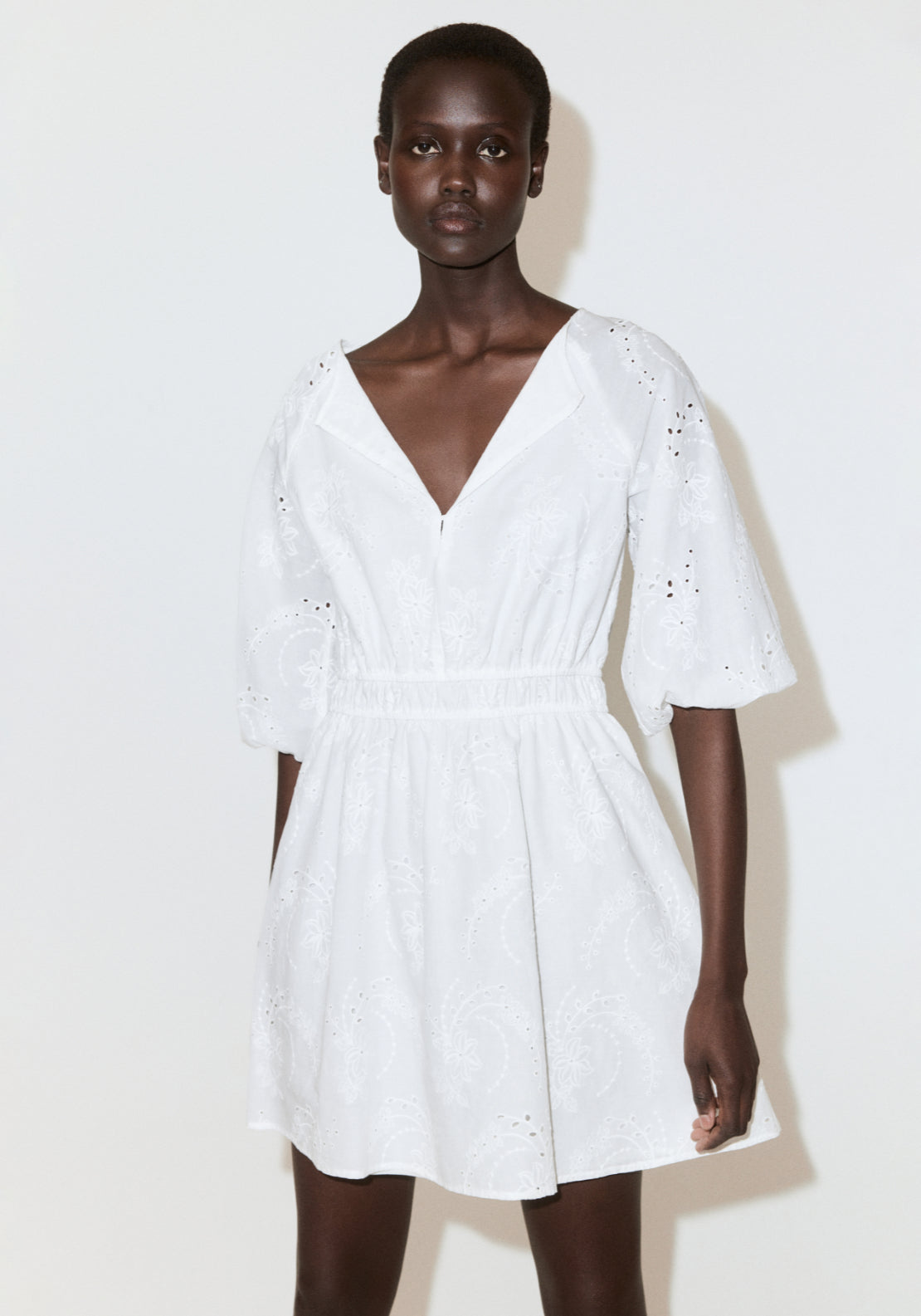 Embroidered Short Dress - White