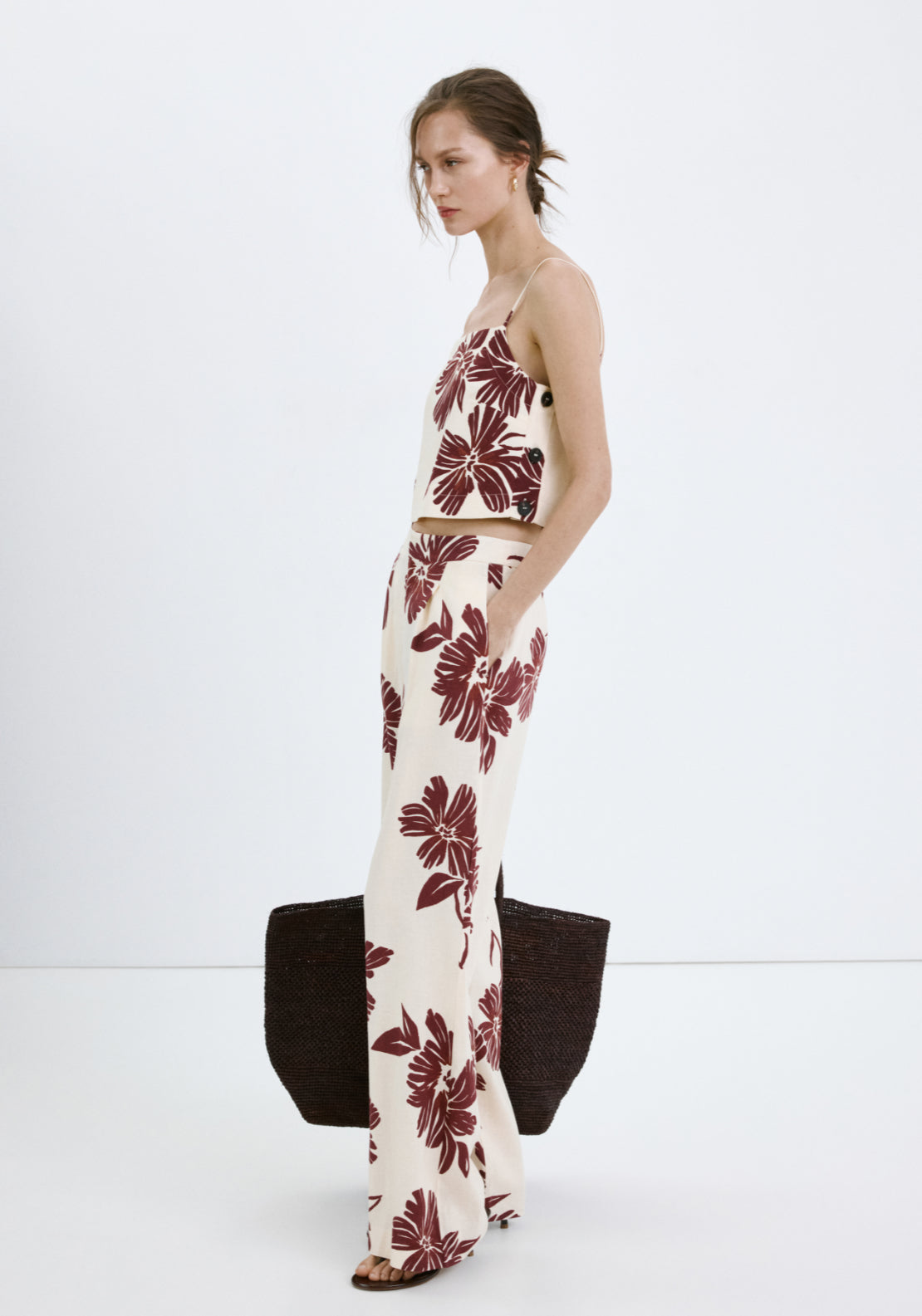 Printed Pleated Trousers - Cream