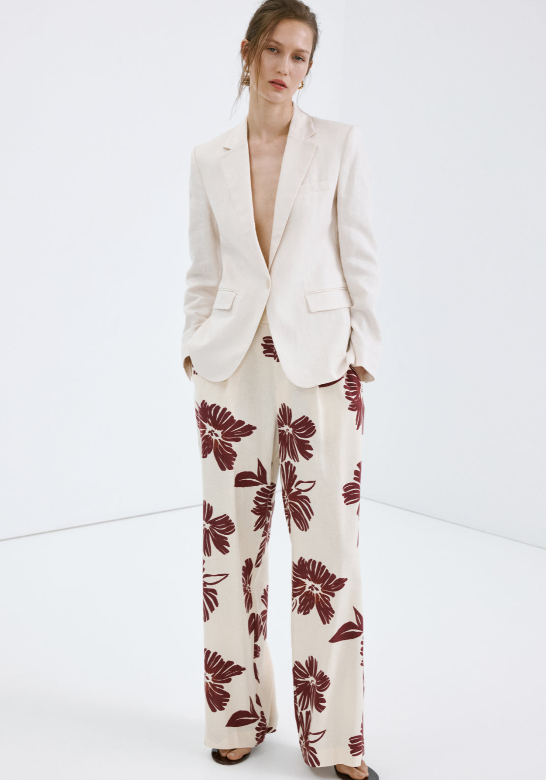 Printed Pleated Trousers - Cream