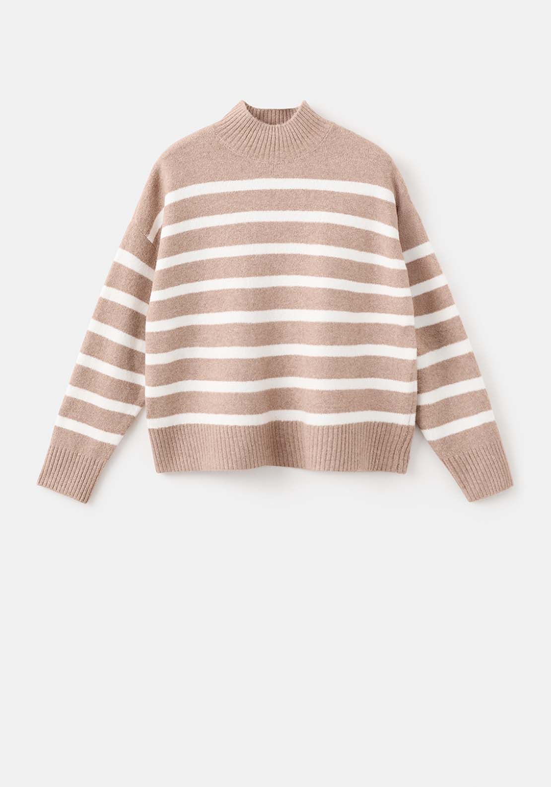 Oversized Striped Turtleneck Sweater - Beige