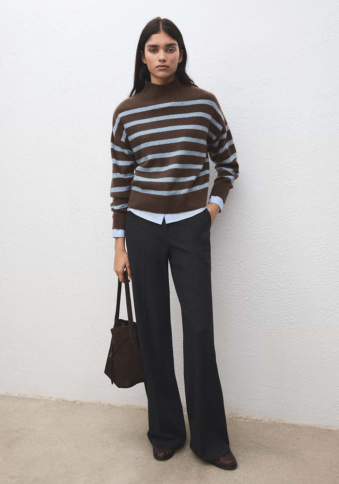 Oversized Striped Turtleneck Sweater - Brown