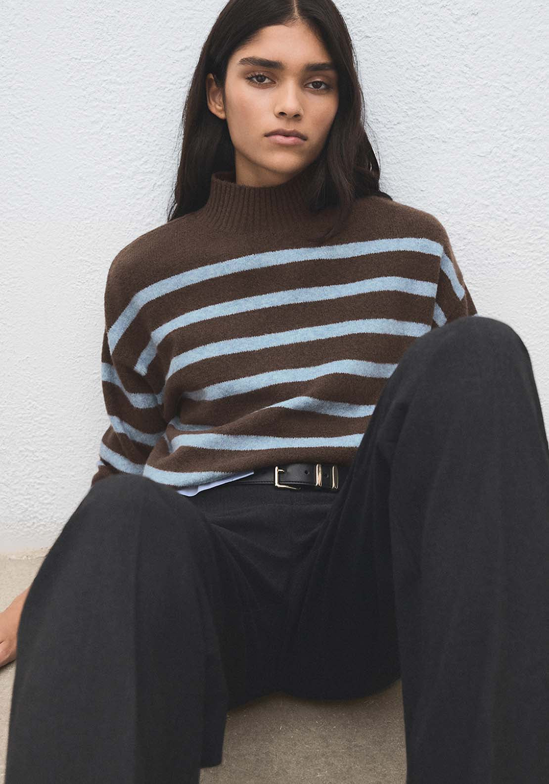 Oversized Striped Turtleneck Sweater - Brown