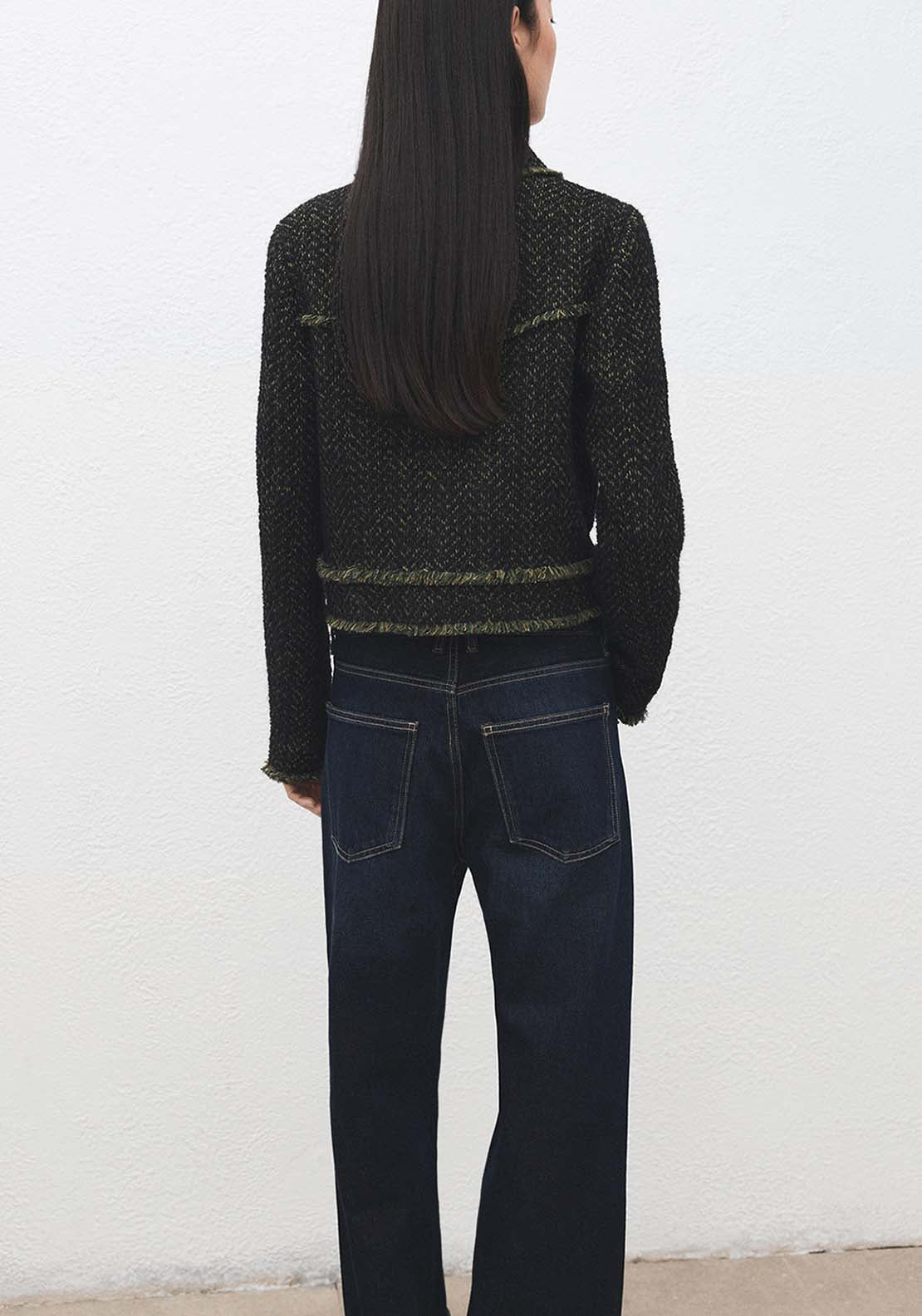 Tweed Jacket With Notched Lapel Collar - Green