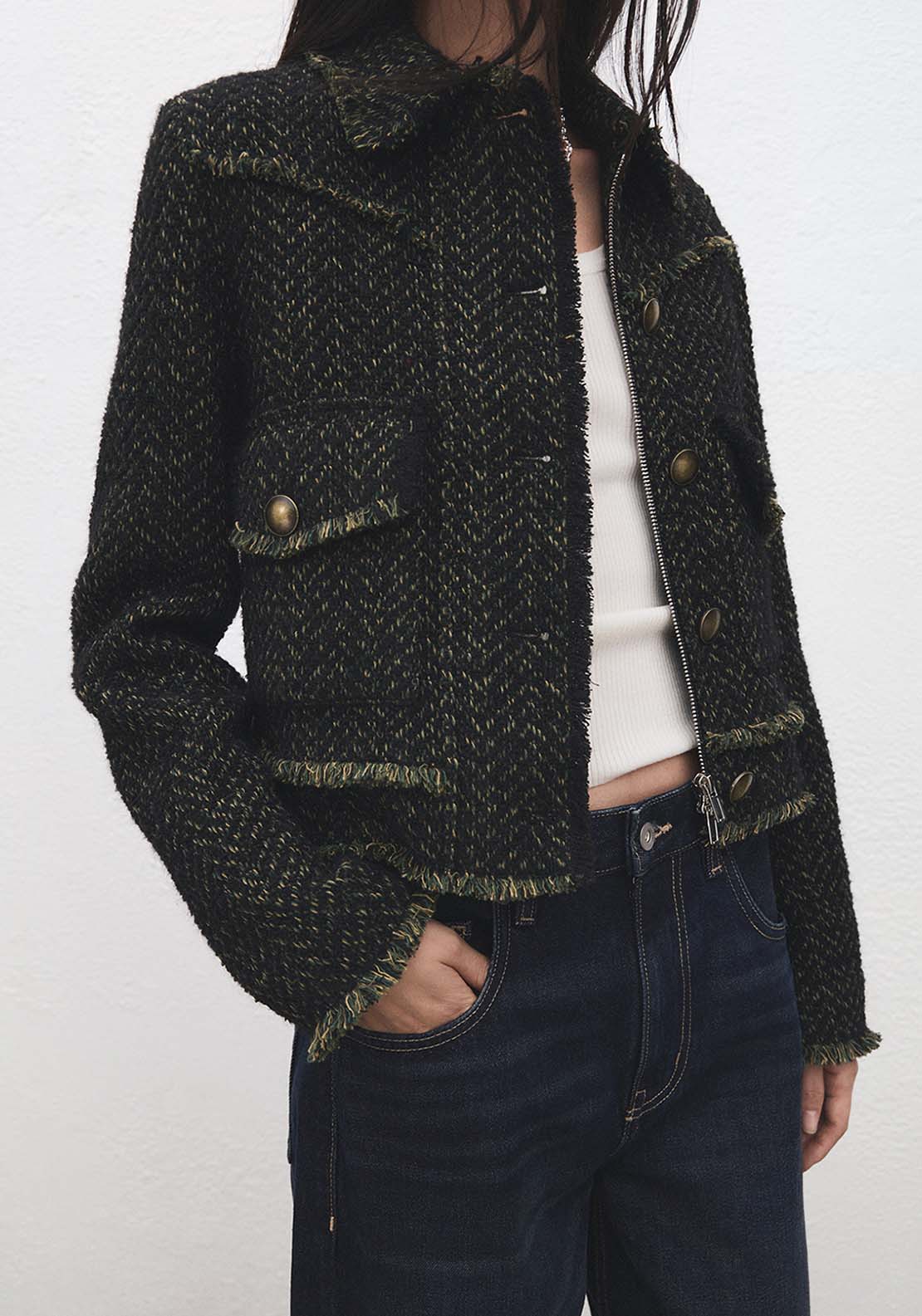 Tweed Jacket With Notched Lapel Collar - Green