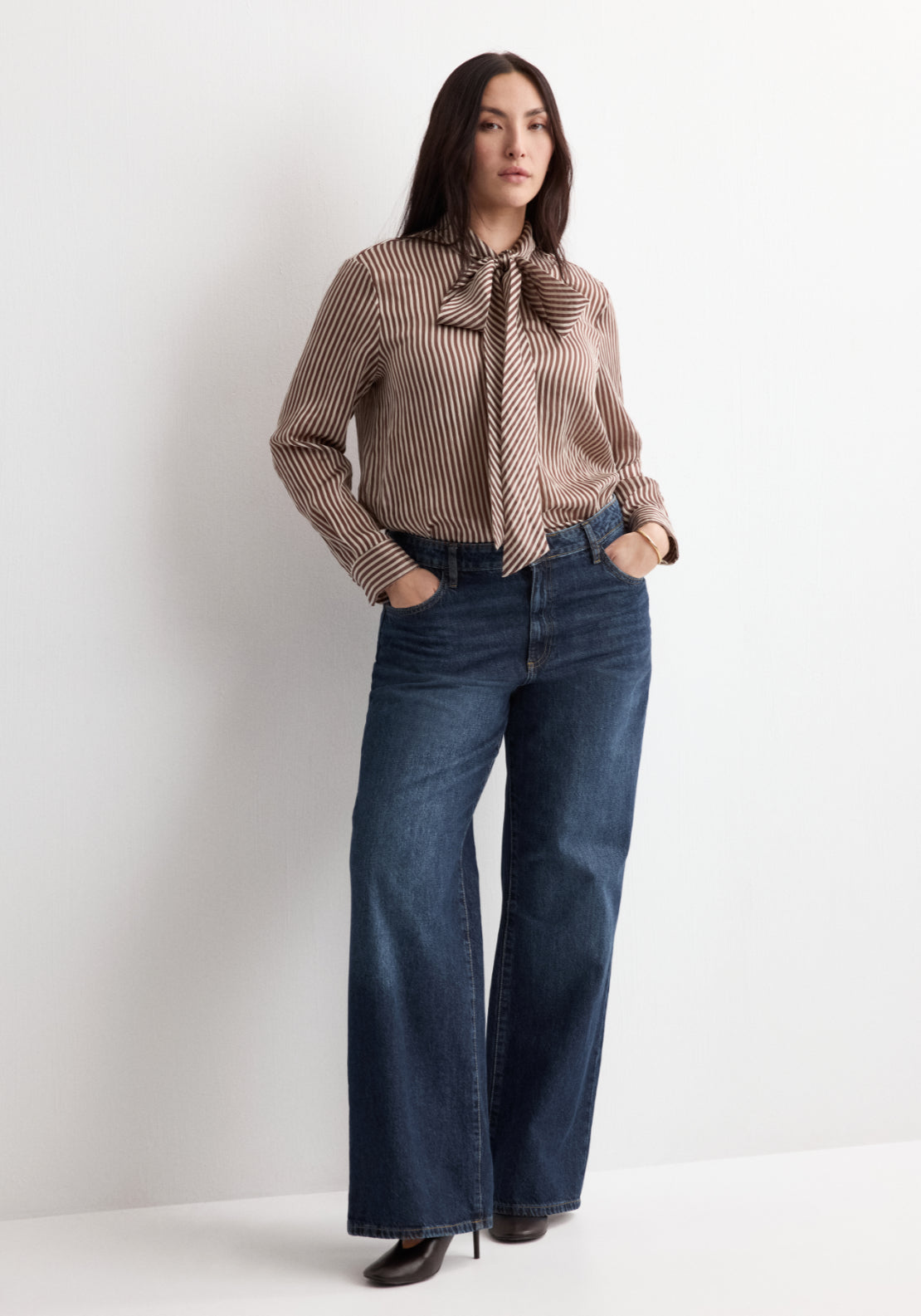Mango Striped Blouse With Bow Tie Neck - Brown 5 Shaws Department Stores
