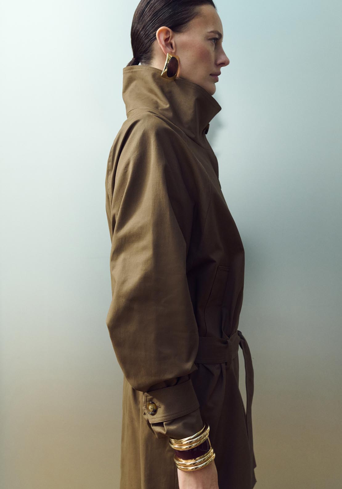 Funnel Neck Belted Trench Coat - Brown
