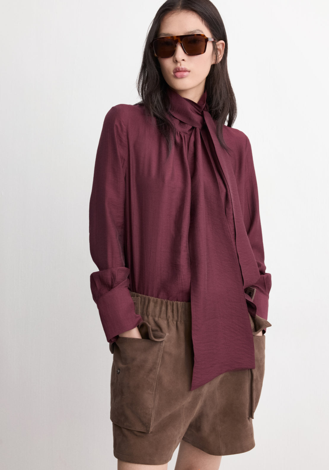 Long Sleeved Blouse With A Scarf Neckline - Burgundy