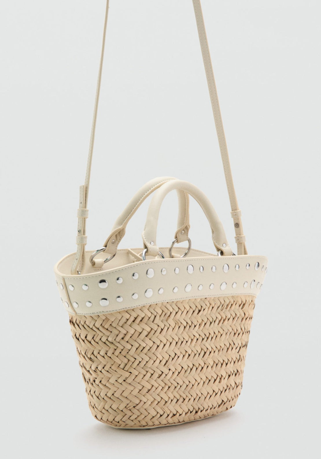 Raffia Handbag With Studs - Cream