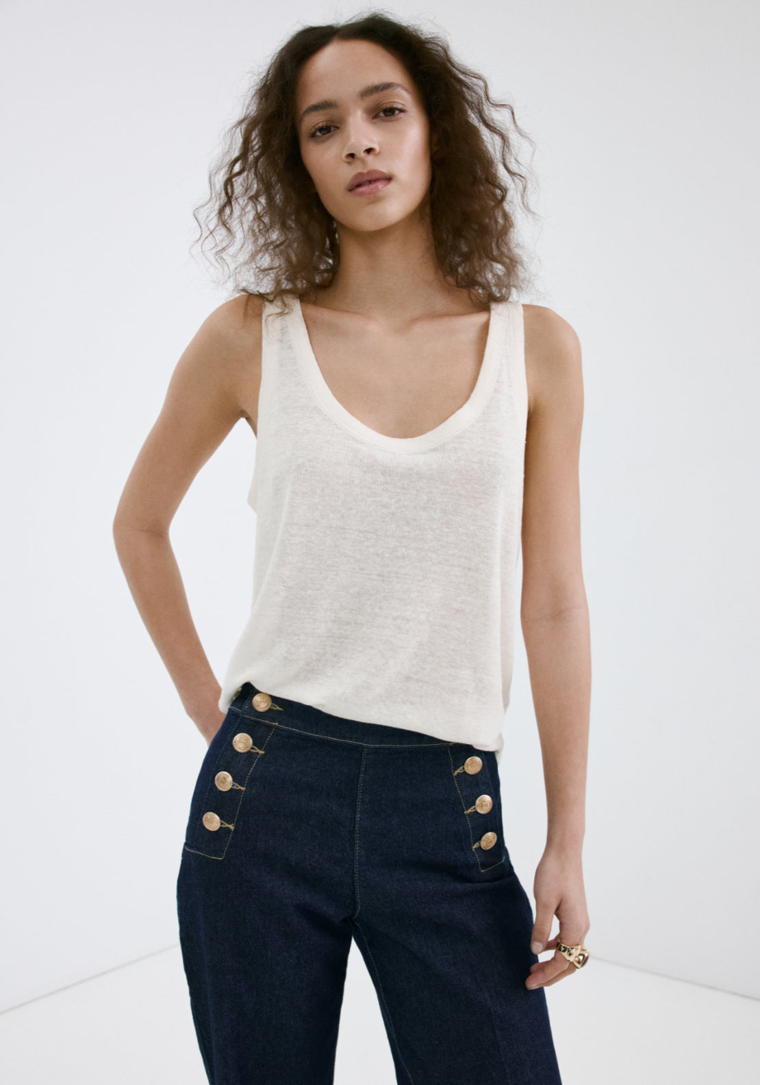 Wide Leg Jeans With Side Buttons - Denim Blue