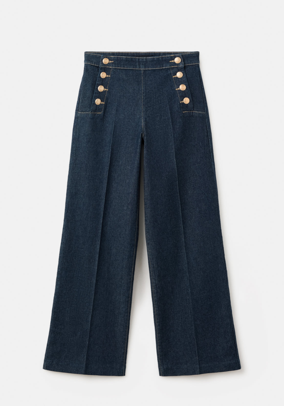 Wide Leg Jeans With Side Buttons - Denim Blue