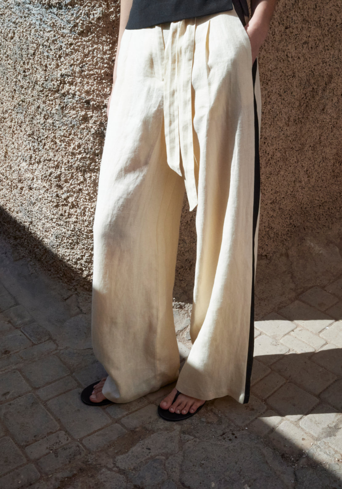 Contrast Stripe Linen Trousers - Cream