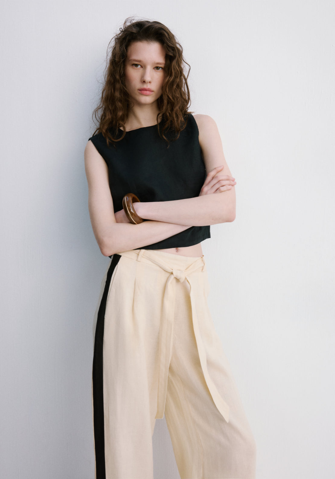 Contrast Stripe Linen Trousers - Cream