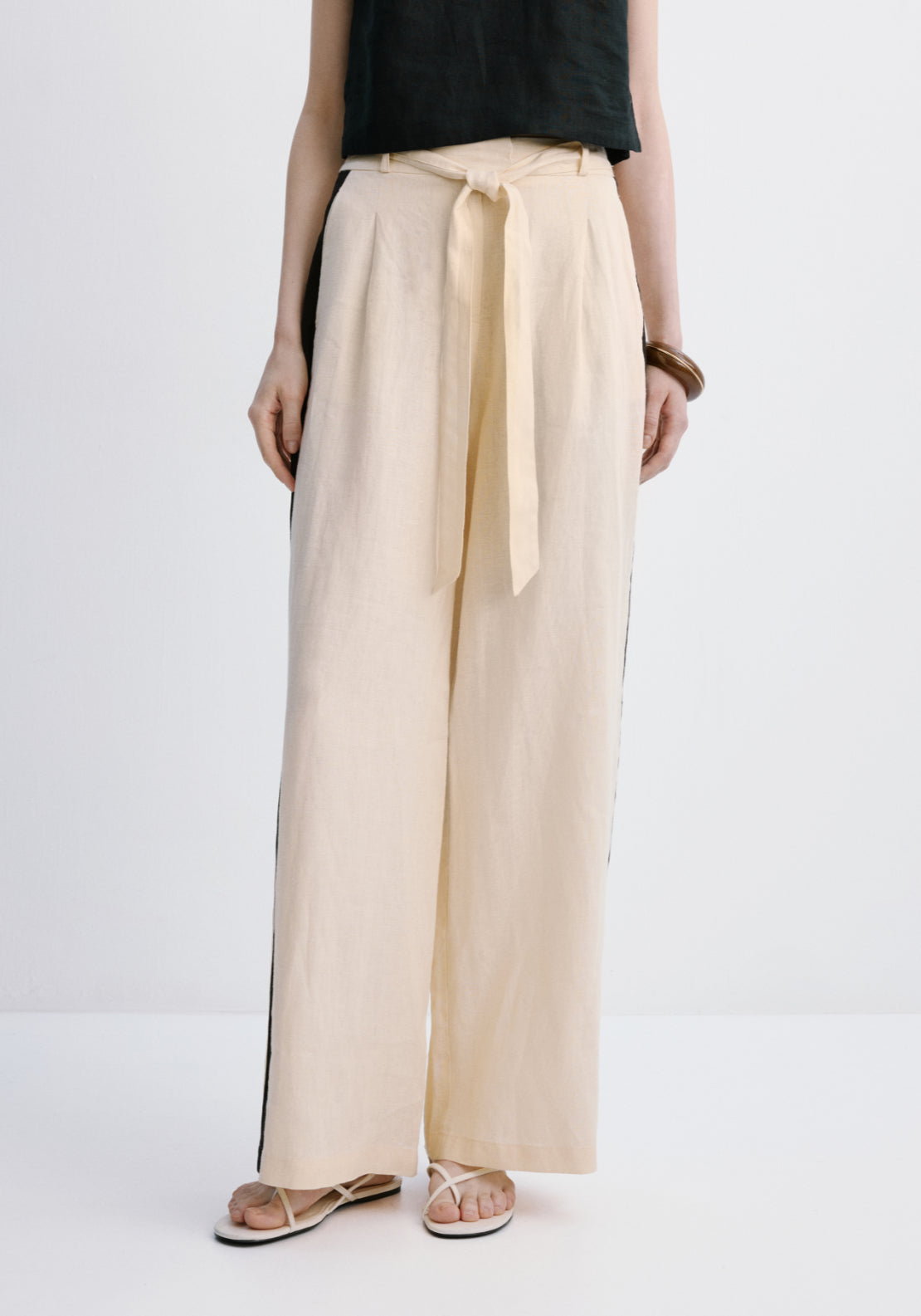 Contrast Stripe Linen Trousers - Cream