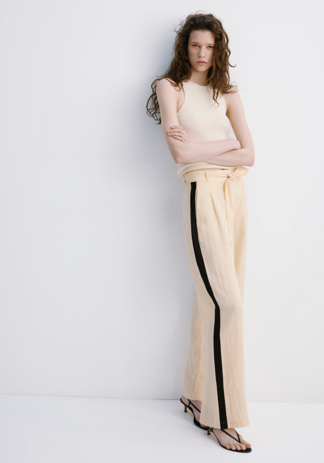 Contrast Stripe Linen Trousers - Cream