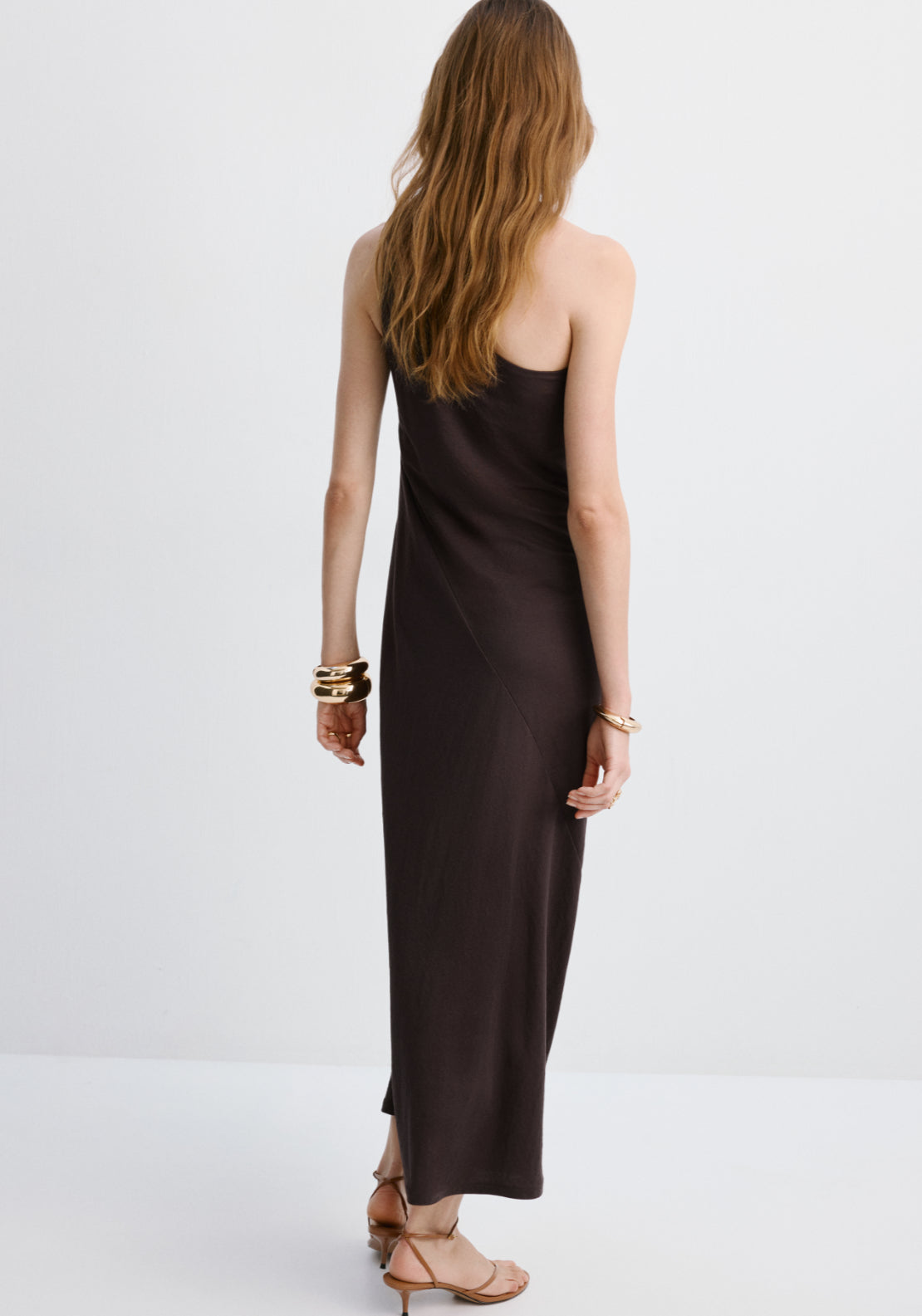 Asymmetrical Dress With Gathered Strap - Brown