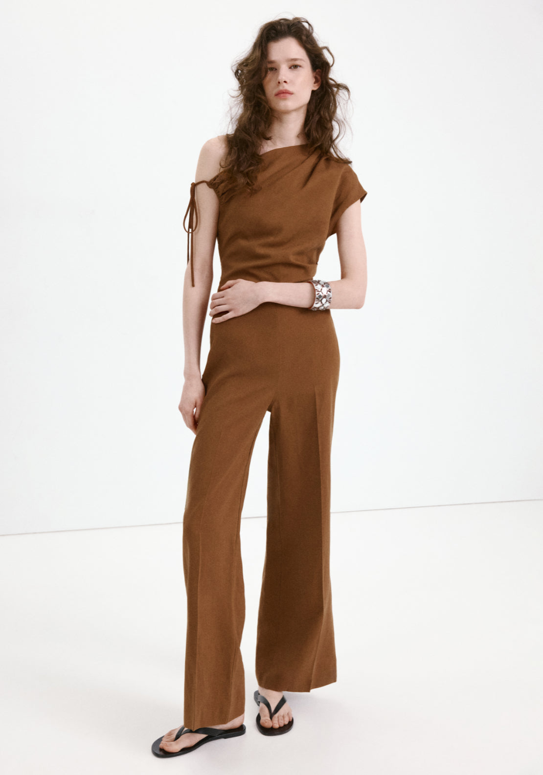 Asymmetric Linen Lyocell Jumpsuit - Brown