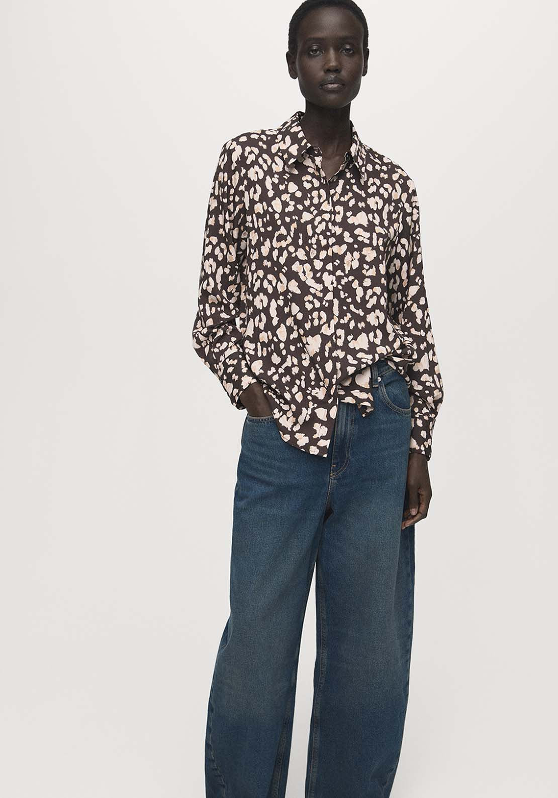 Straight Cut Animal Print Blouse - Brown