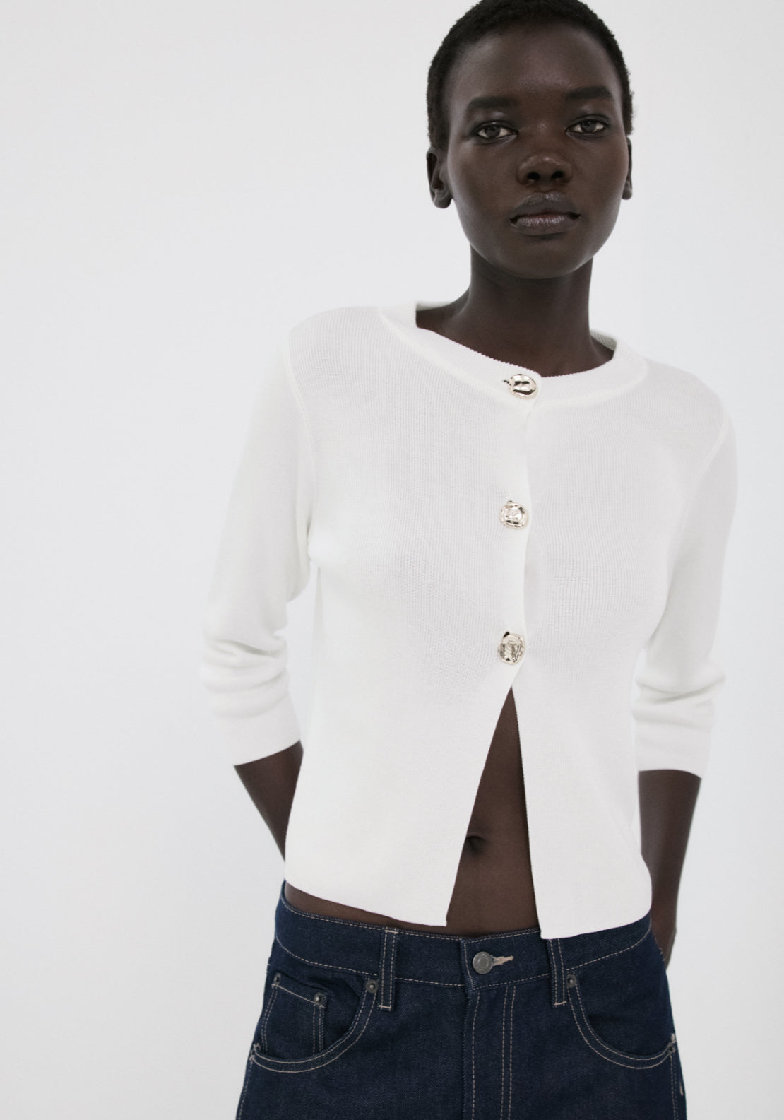 Knitted Cardigan With Jewel Button - White