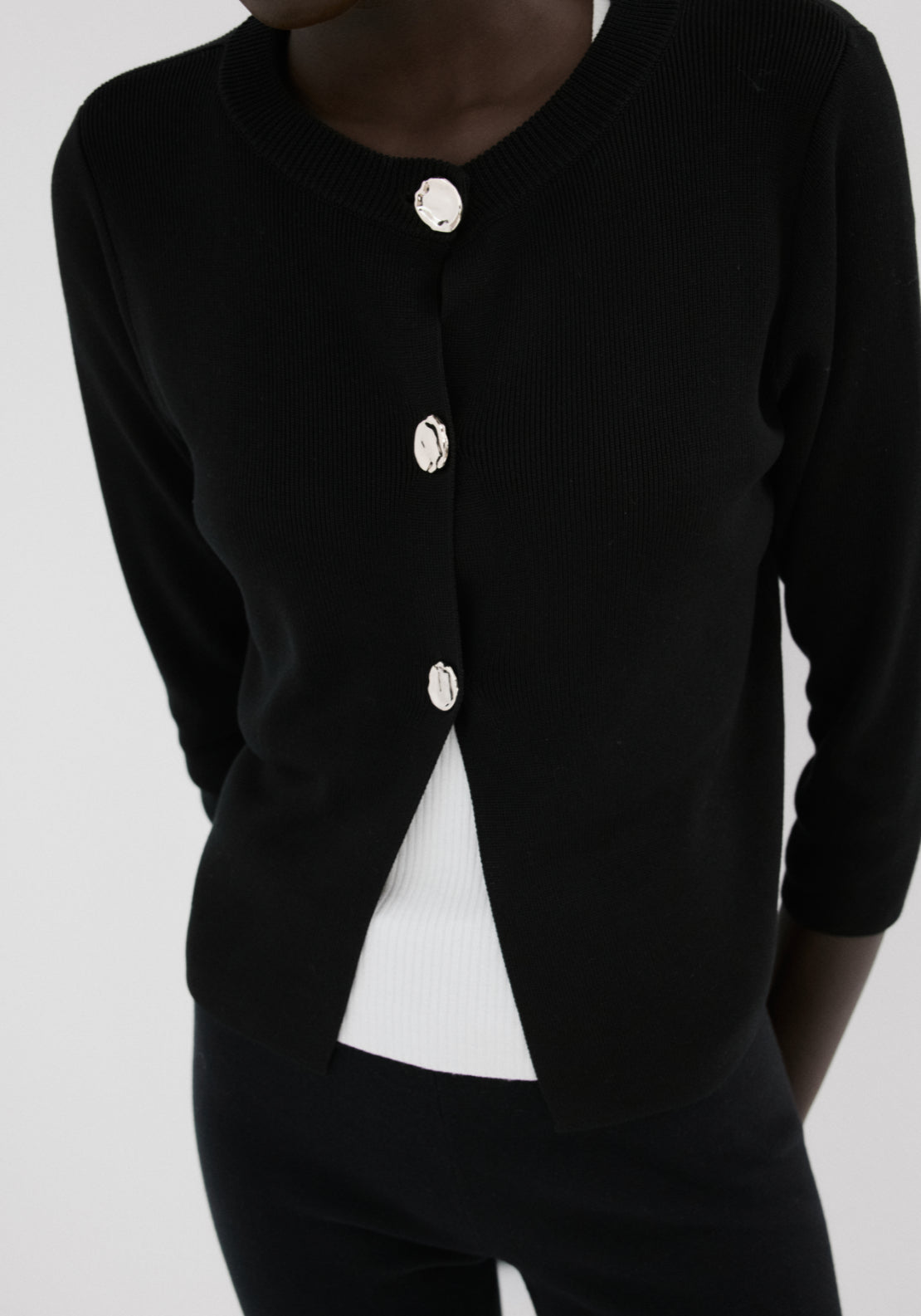 Knitted Cardigan Jewelelled Button - Black