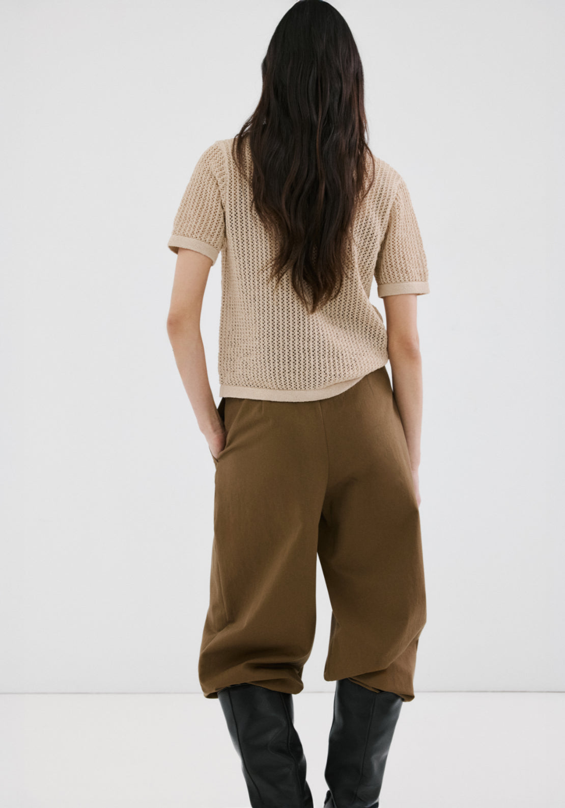 Short Sleeved Openwork Knitted Cardigan - Brown
