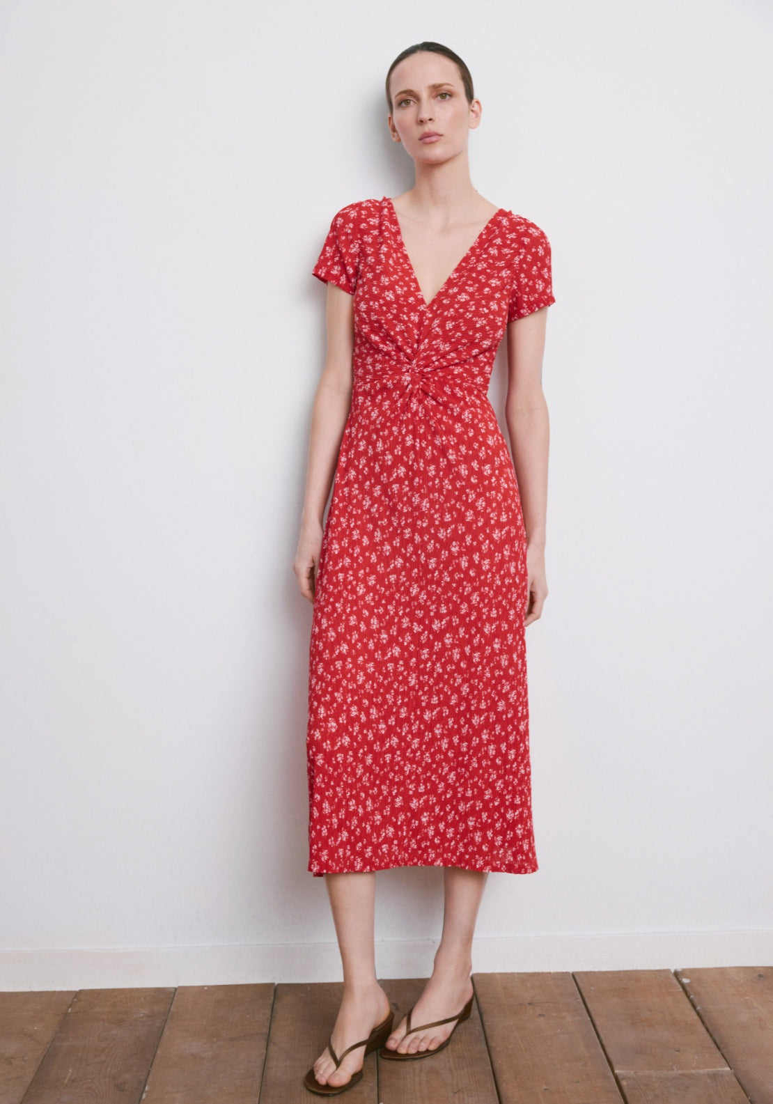 Printed Floral Midi Dress - Brown