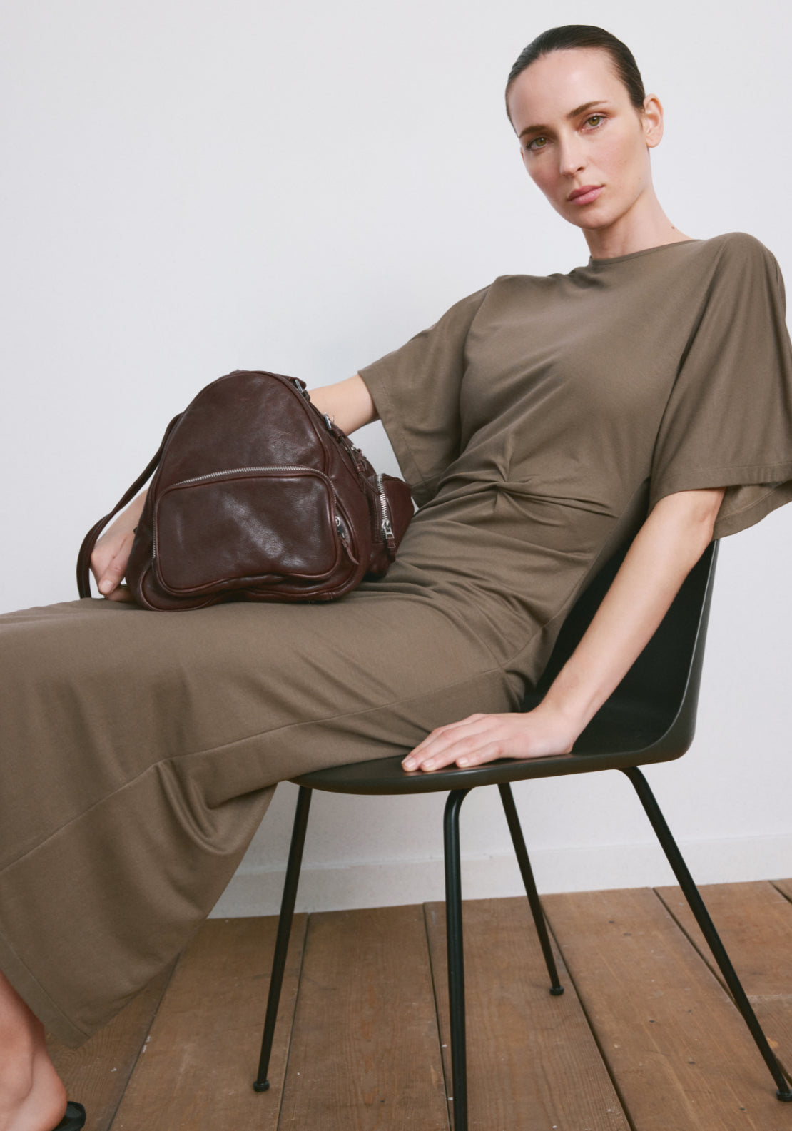 Side Gathered Details Dress - Brown