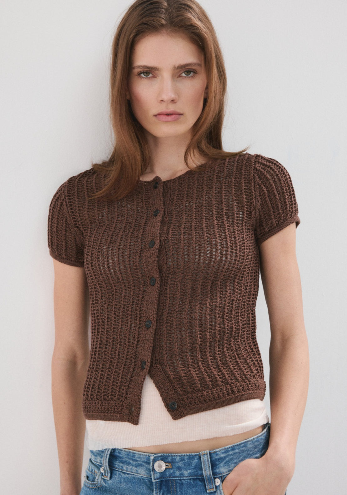 Short Sleeved Crochet Cardigan - Brown