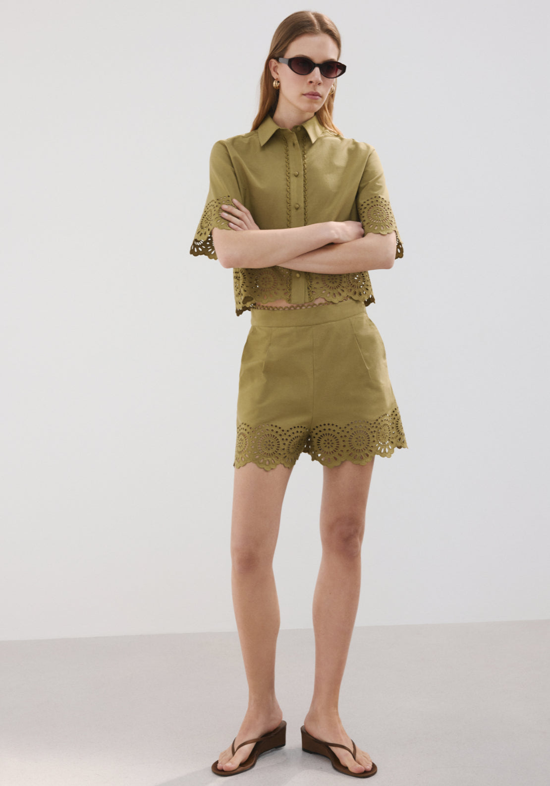 Embroidered Openwork Shorts - Green