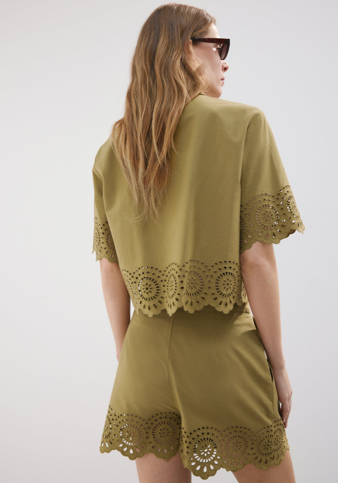 Embroidered Openwork Shorts - Green