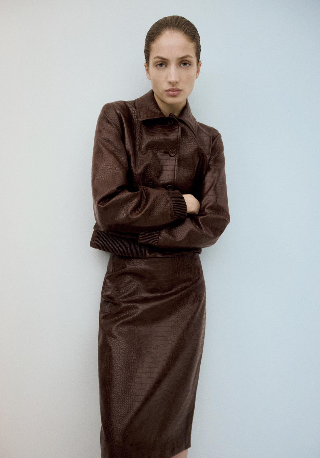 Croc Effect Bomber Jacket - Brown