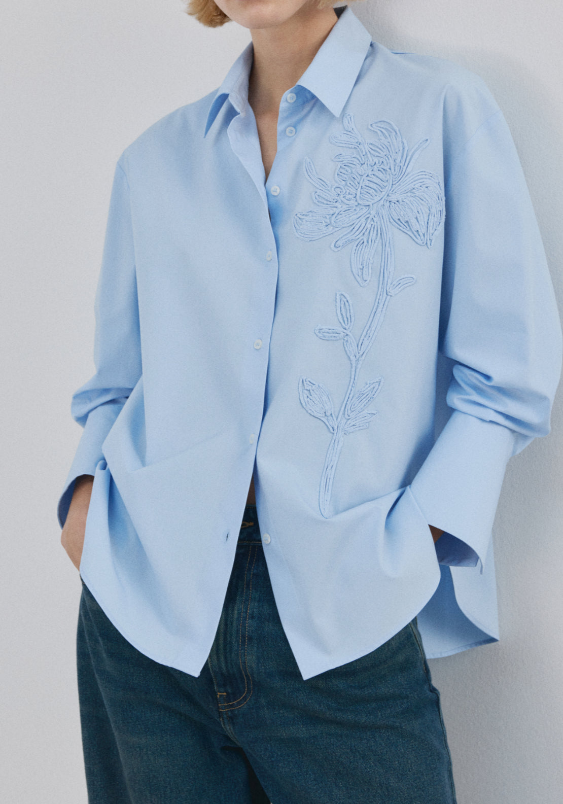 Floral Embroidered Shirt - Light Blue