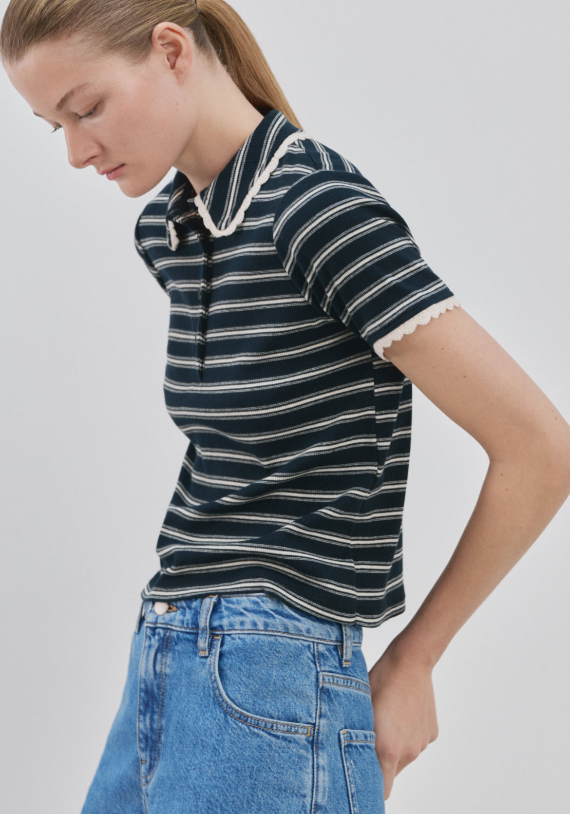 Scalloped Striped Polo Shirt - Blue