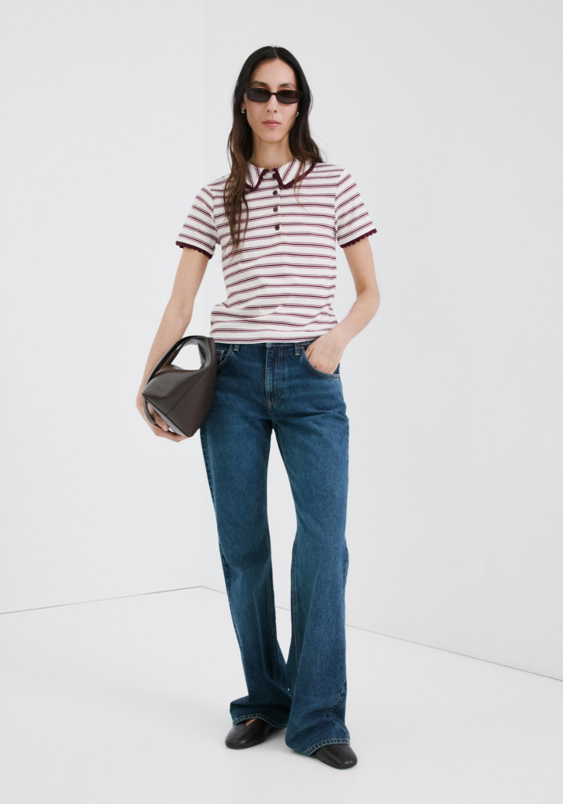 Scalloped Striped Polo Shirt - Burgundy