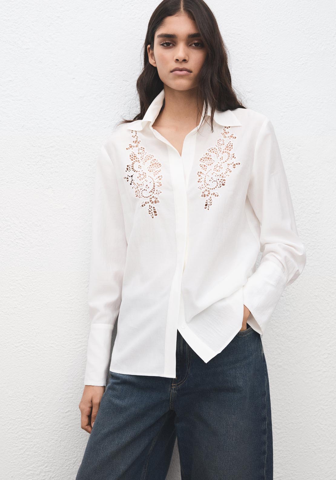 Embroidered Openwork Shirt - Cream