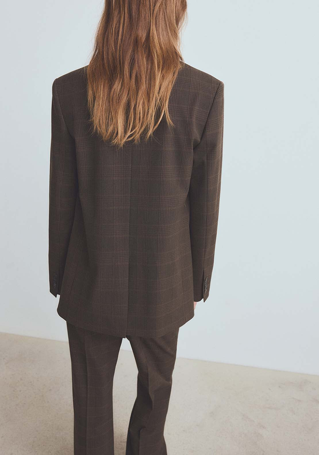 Double Breasted Check Suit Jacket - Brown