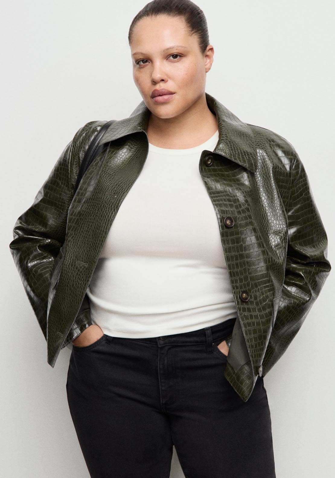 Croc Effect Faux Leather Jacket - Green