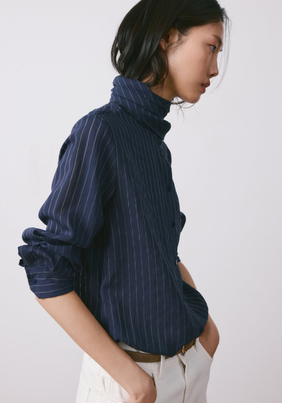 Striped Blouse With Bow Tie Neck - Blue