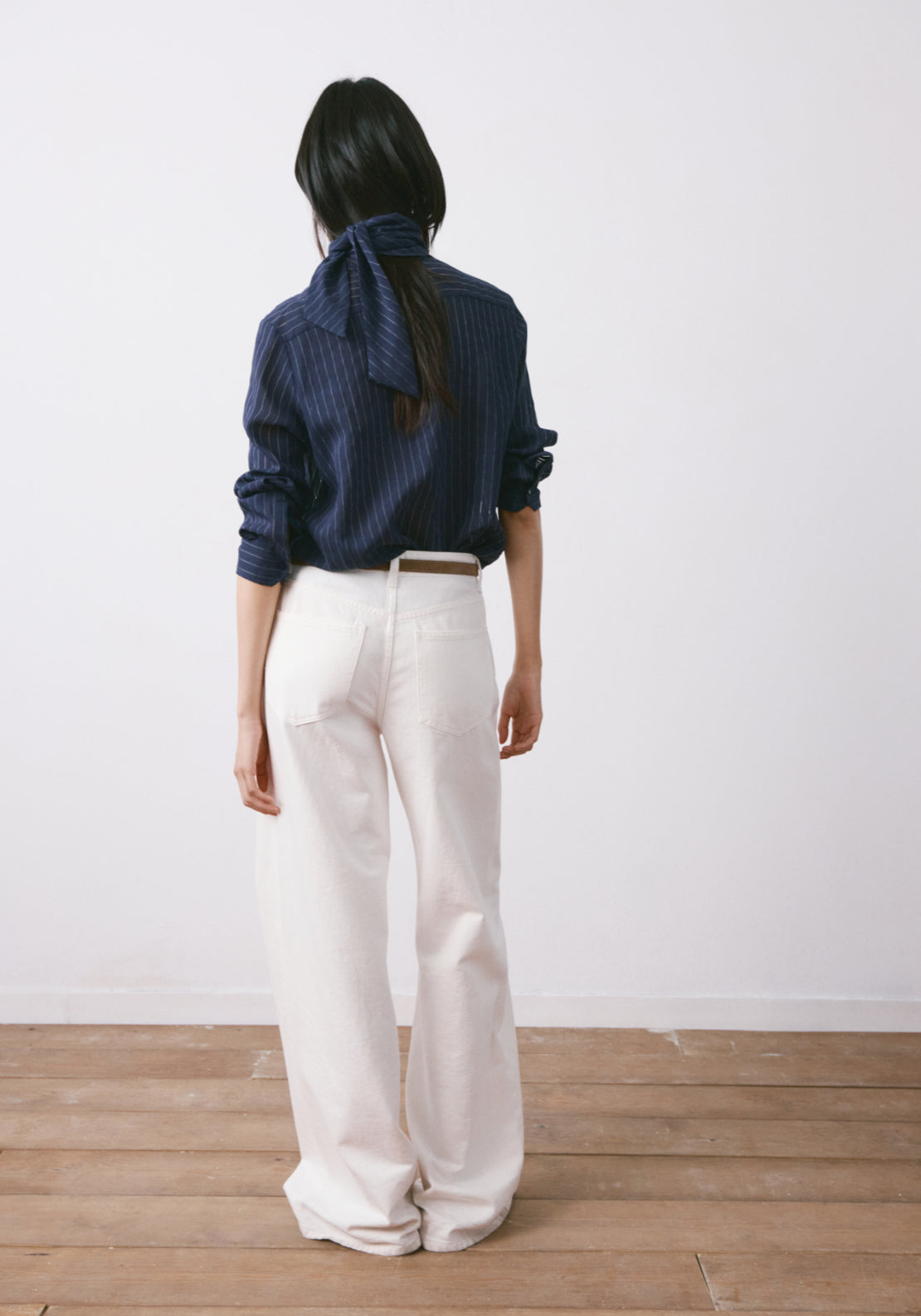 Striped Blouse With Bow Tie Neck - Blue