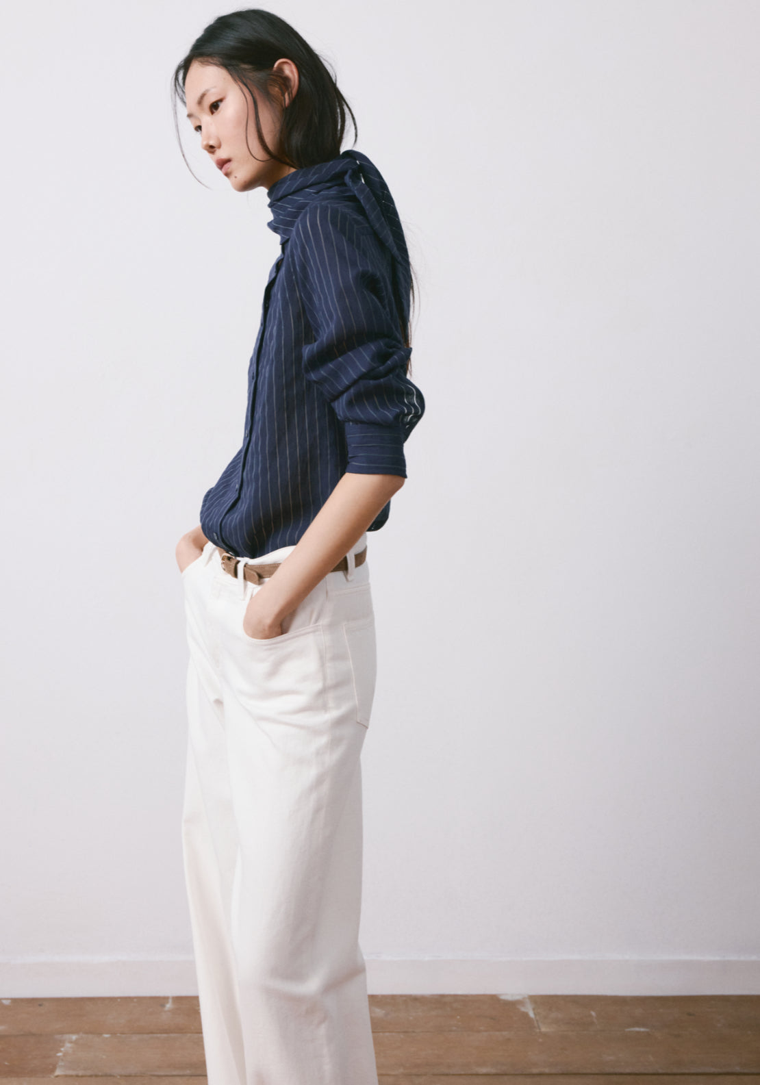 Striped Blouse With Bow Tie Neck - Blue