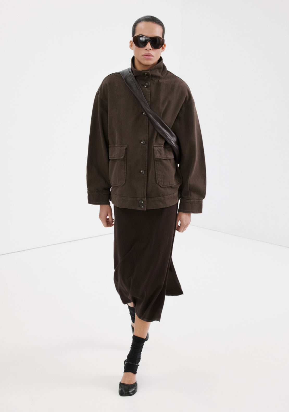 Oversized Denim Parka With Pockets - Brown