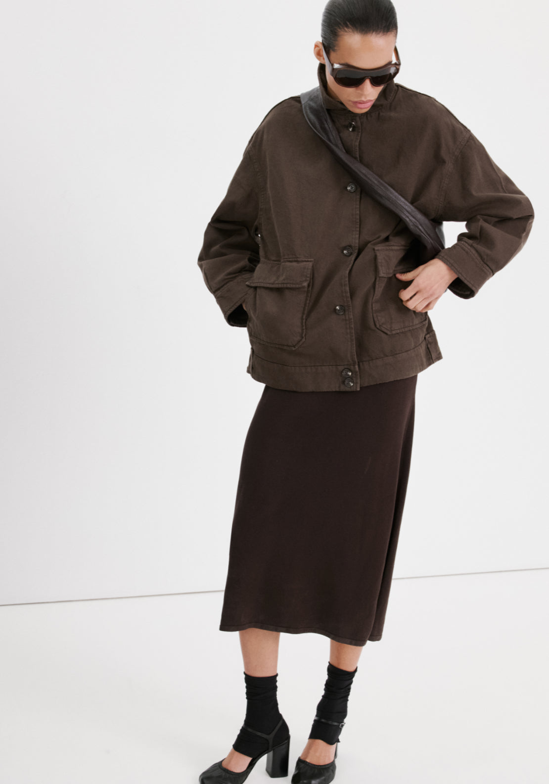 Oversized Denim Parka With Pockets - Brown
