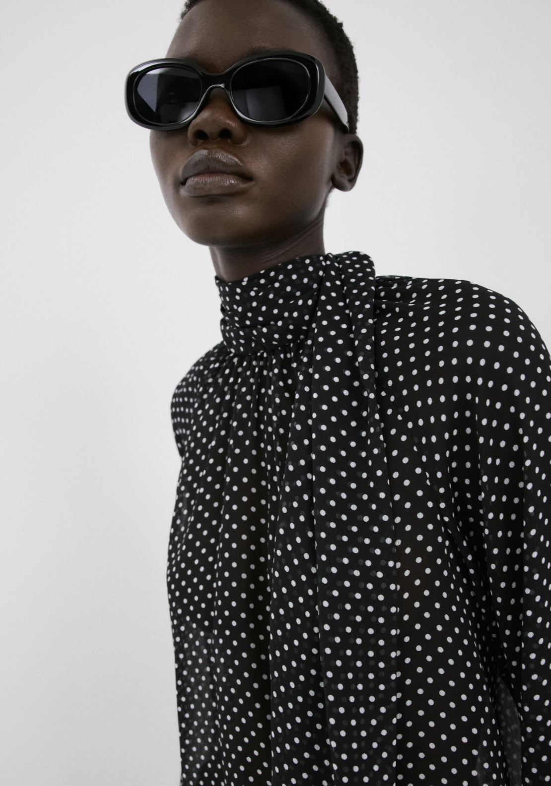 Polka Dot High Neck Blouse - Black