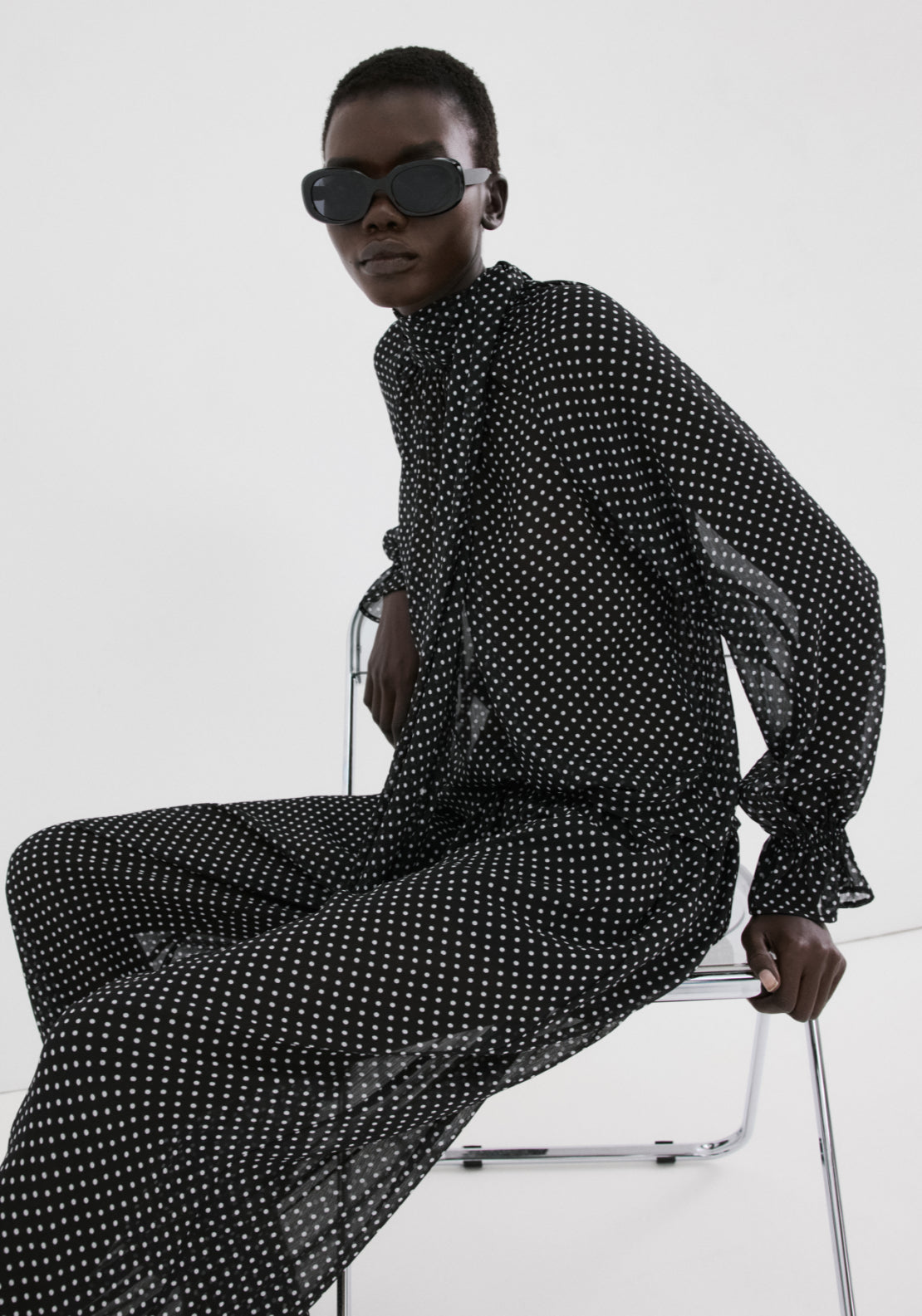 Polka Dot High Neck Blouse - Black