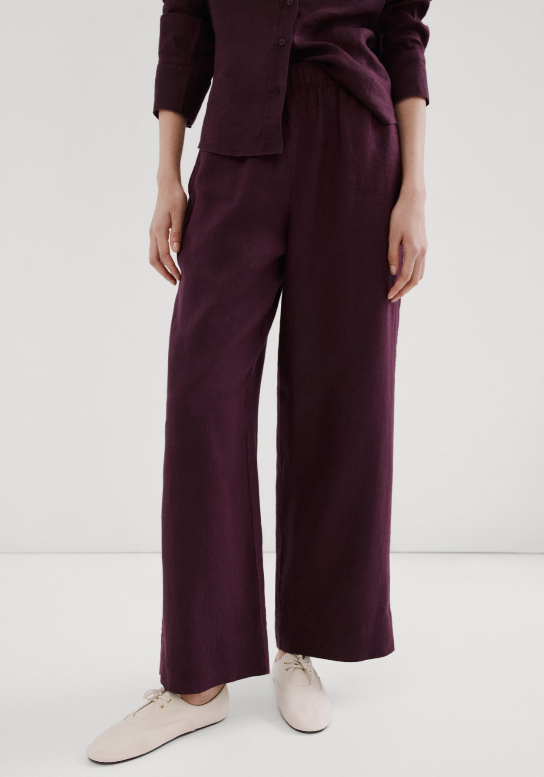 Straight Linen Blend Trousers - Burgundy