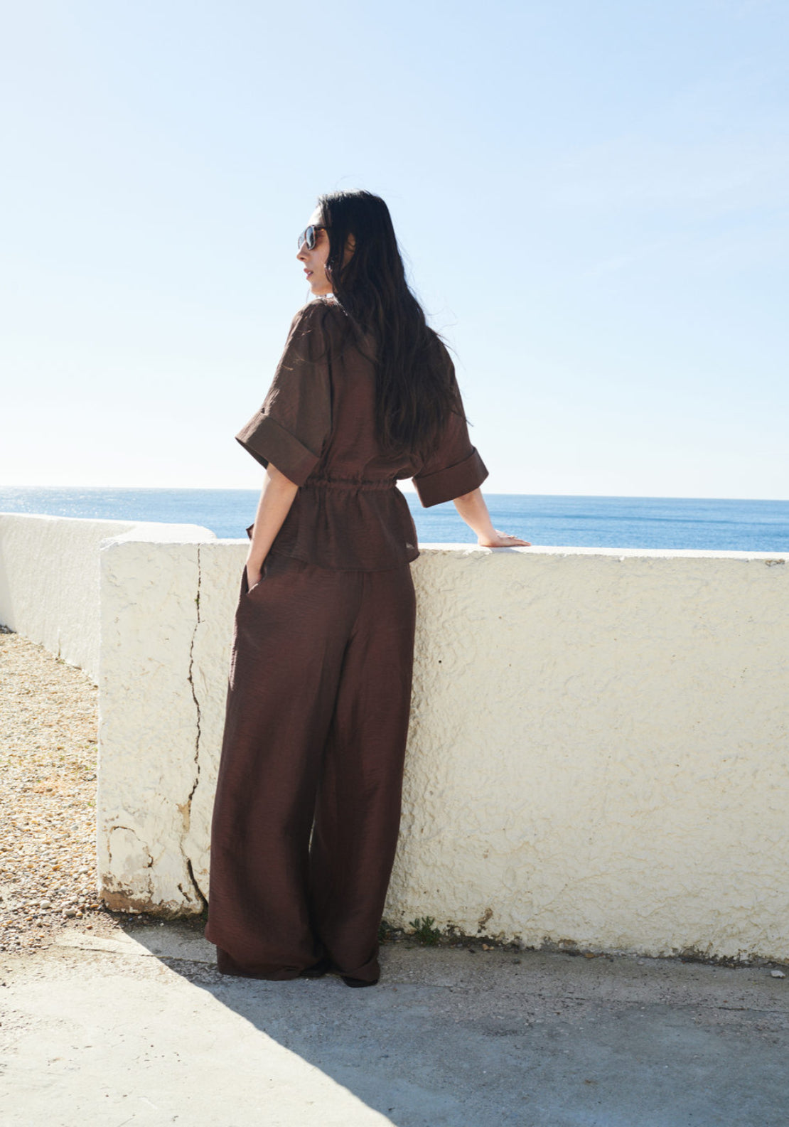 Linen Blouse With Belt - Brown